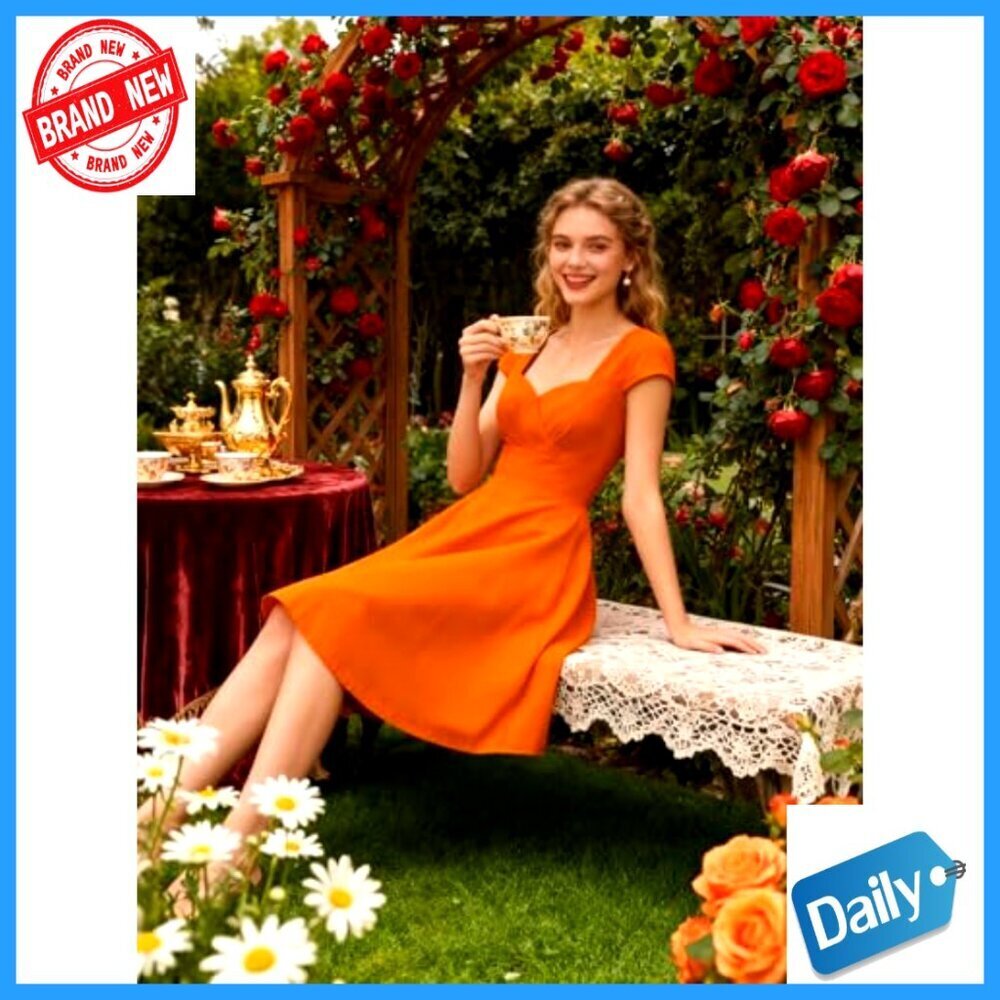Cap Sleeve Retro Cocktail Swing Dress with Pockets, Tea Length - Picture 3 of 7